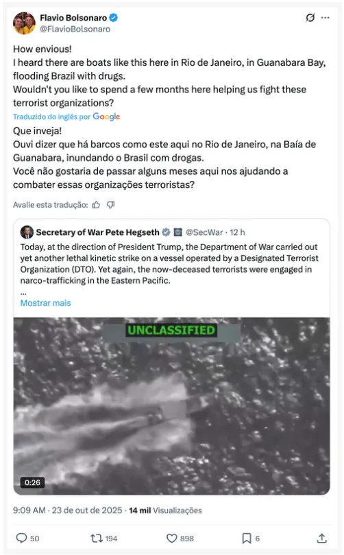 Flávio Bolsonaro sugere ação militar dos EUA no Rio