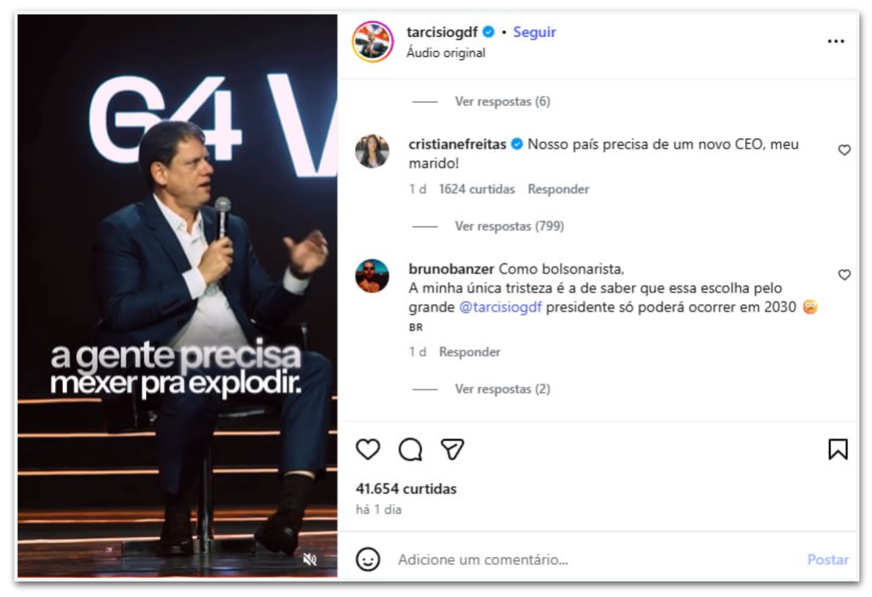 Tarcísio curte comentário da esposa e reforça imagem de “CEO do Brasil”