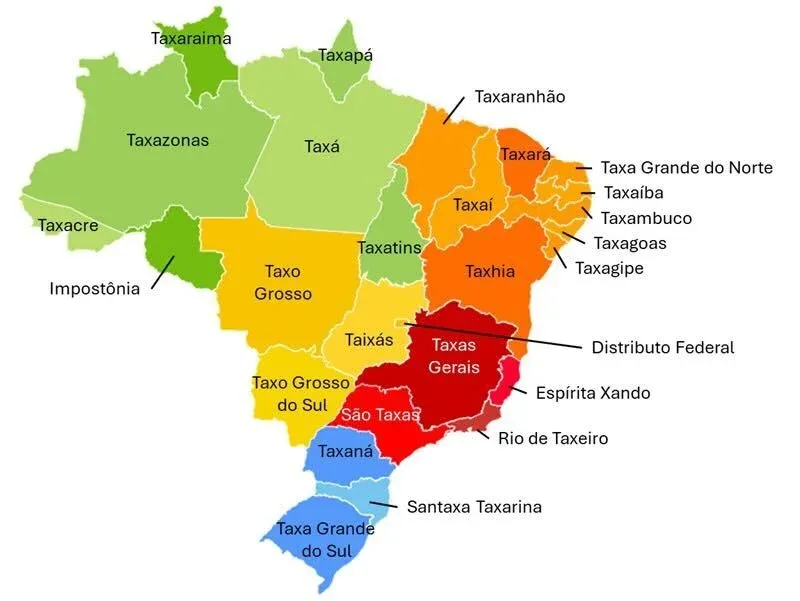 Meme mostra novo mapa do ‘Taxil’ sob ministro ‘Taxadd’ e ‘Partido dos Taxadores’