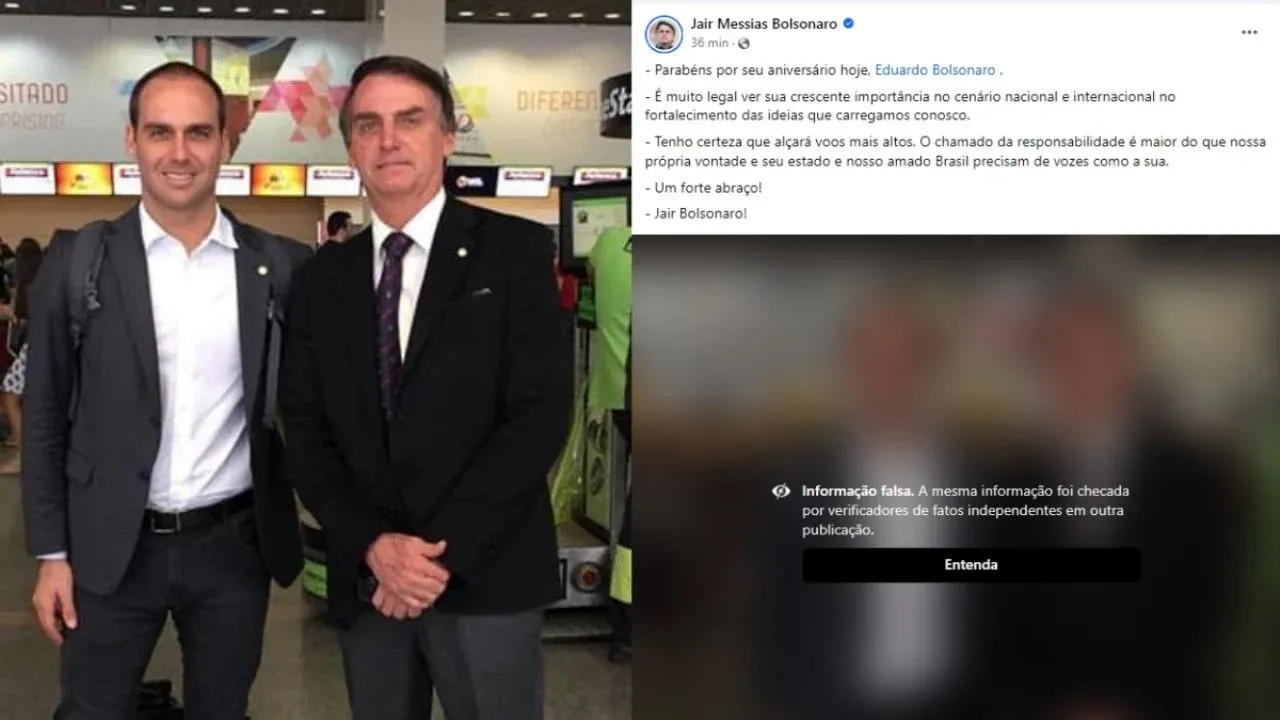 Jair Bolsonaro parabeniza filho Eduardo e postagem é marcada como “informação falsa” por agência de checagem