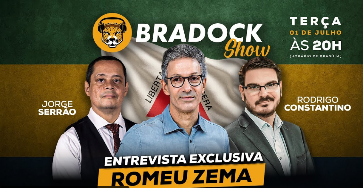 Romeu Zema estará ao vivo no Bradock Show nesta terça, às 20h