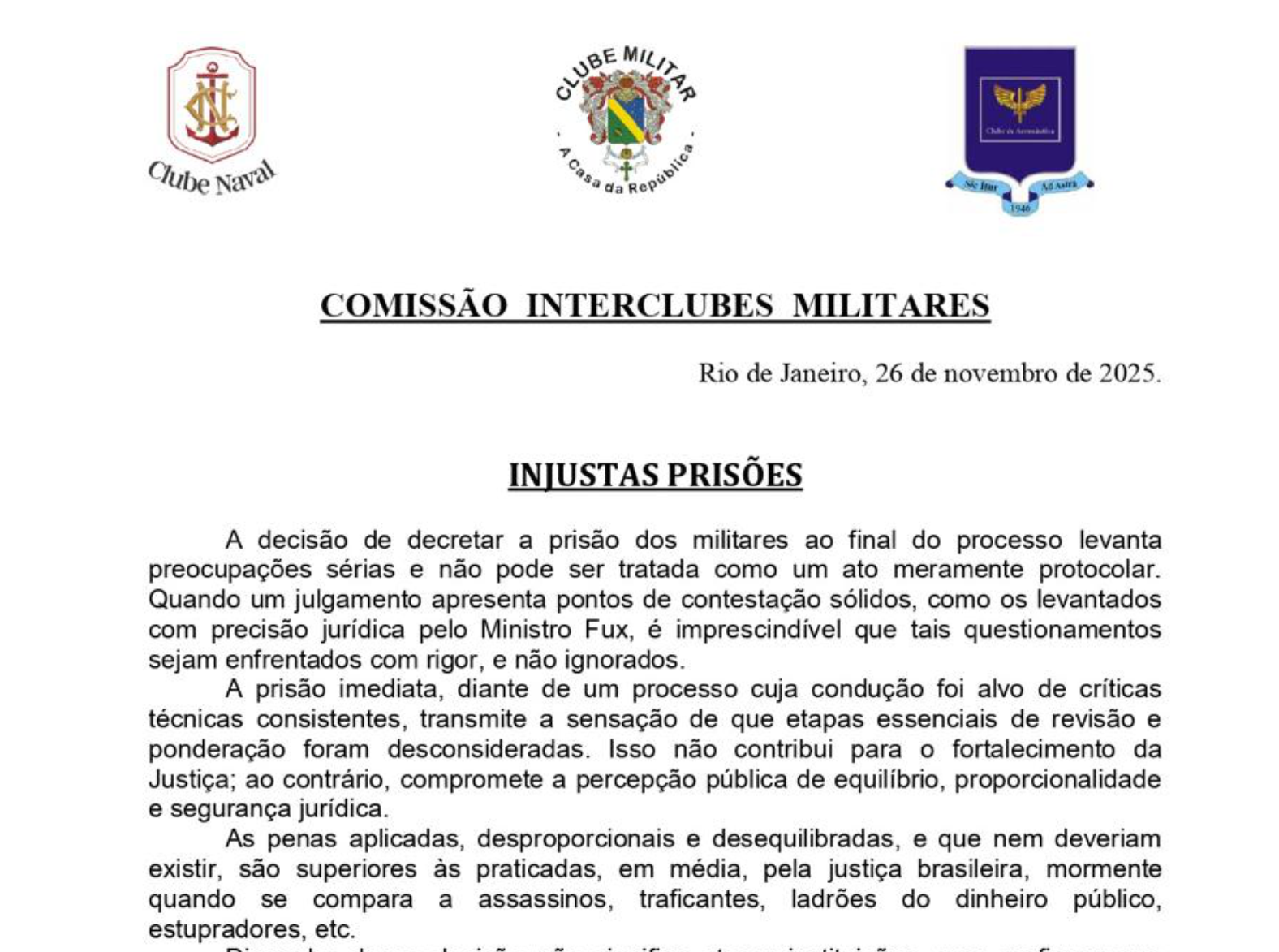 Interclubes Militares critica prisões e cobra rigor jurídico em decisões sensíveis